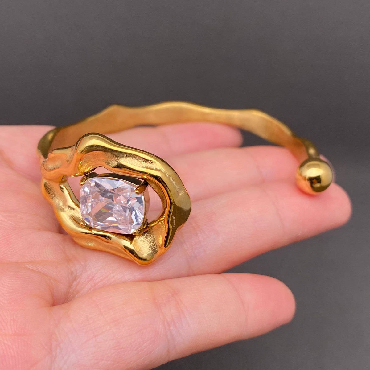 Zircon Inlaid 18K Gold Plated Stainless Steel Cuff - FGS
