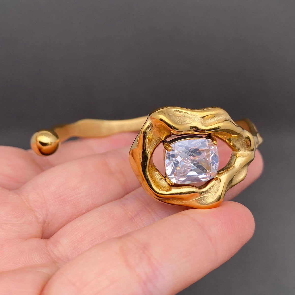 Zircon Inlaid 18K Gold Plated Stainless Steel Cuff - FGS