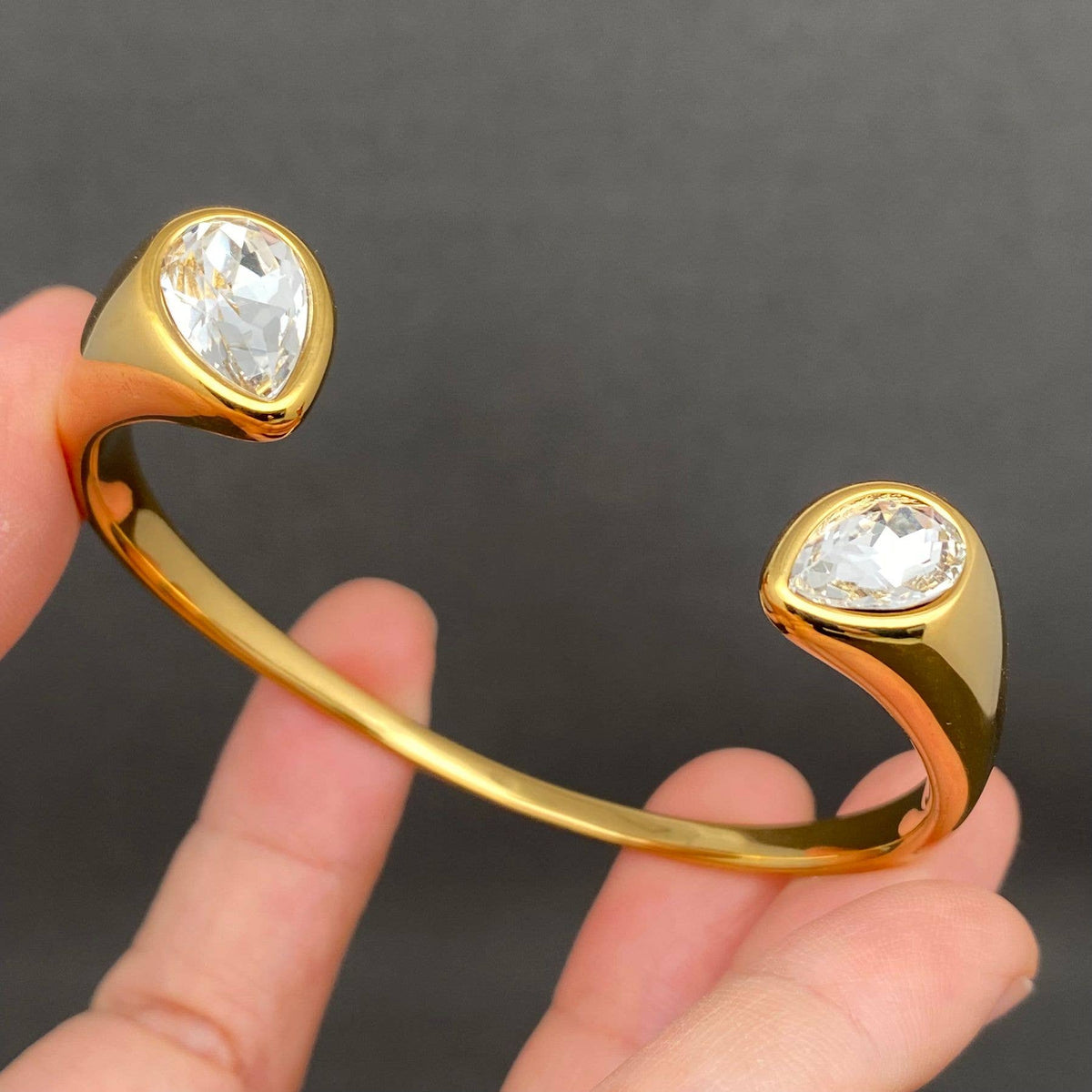 Double Zircon 18K Gold Plated Stainless Steel Cuff - FGS: Oval