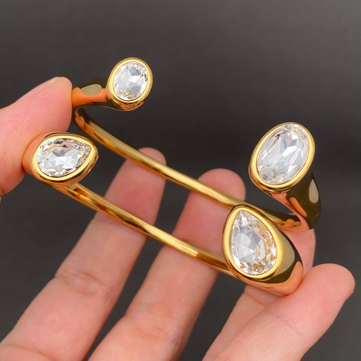 Double Zircon 18K Gold Plated Stainless Steel Cuff - FGS: Drop