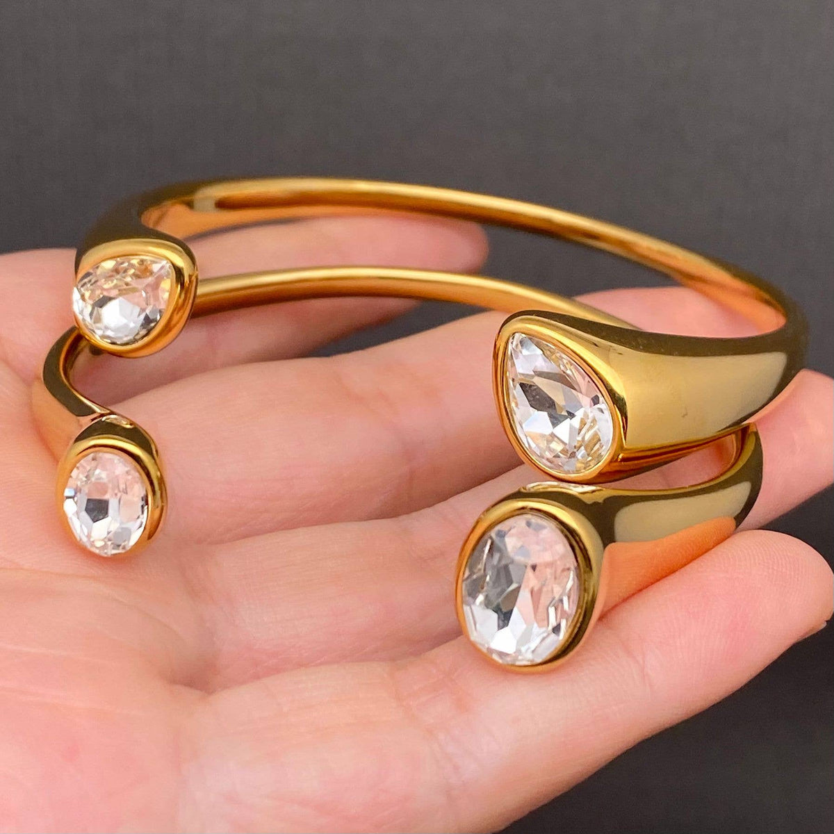 Double Zircon 18K Gold Plated Stainless Steel Cuff - FGS: Drop
